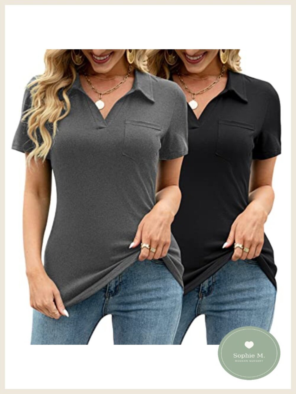 V-Neck Short Sleeve Polo Tunic Blouse with Pocket Loose Casual Stretch Cotton